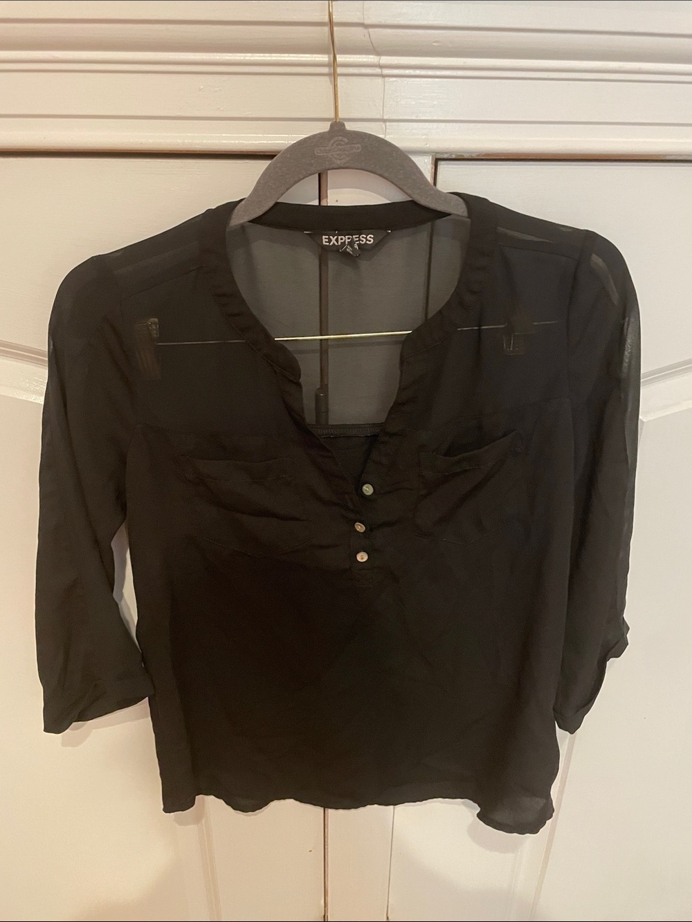 Express Black Semi-Sheer Henley Blouse with Roll-Tab Sleeves